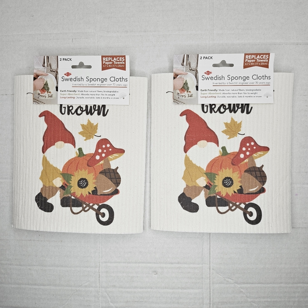 New Set of  2 Ritz Swedish Sponge Cloth 2 pack Gnome Grown Pumpkin Fall 6.7 x 8